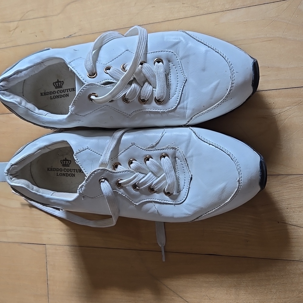 EURO RETRO FAUX LEATHER White GOLD STARS Platform Sneakers with Gold Trim 8.5 - Picture 3 of 12